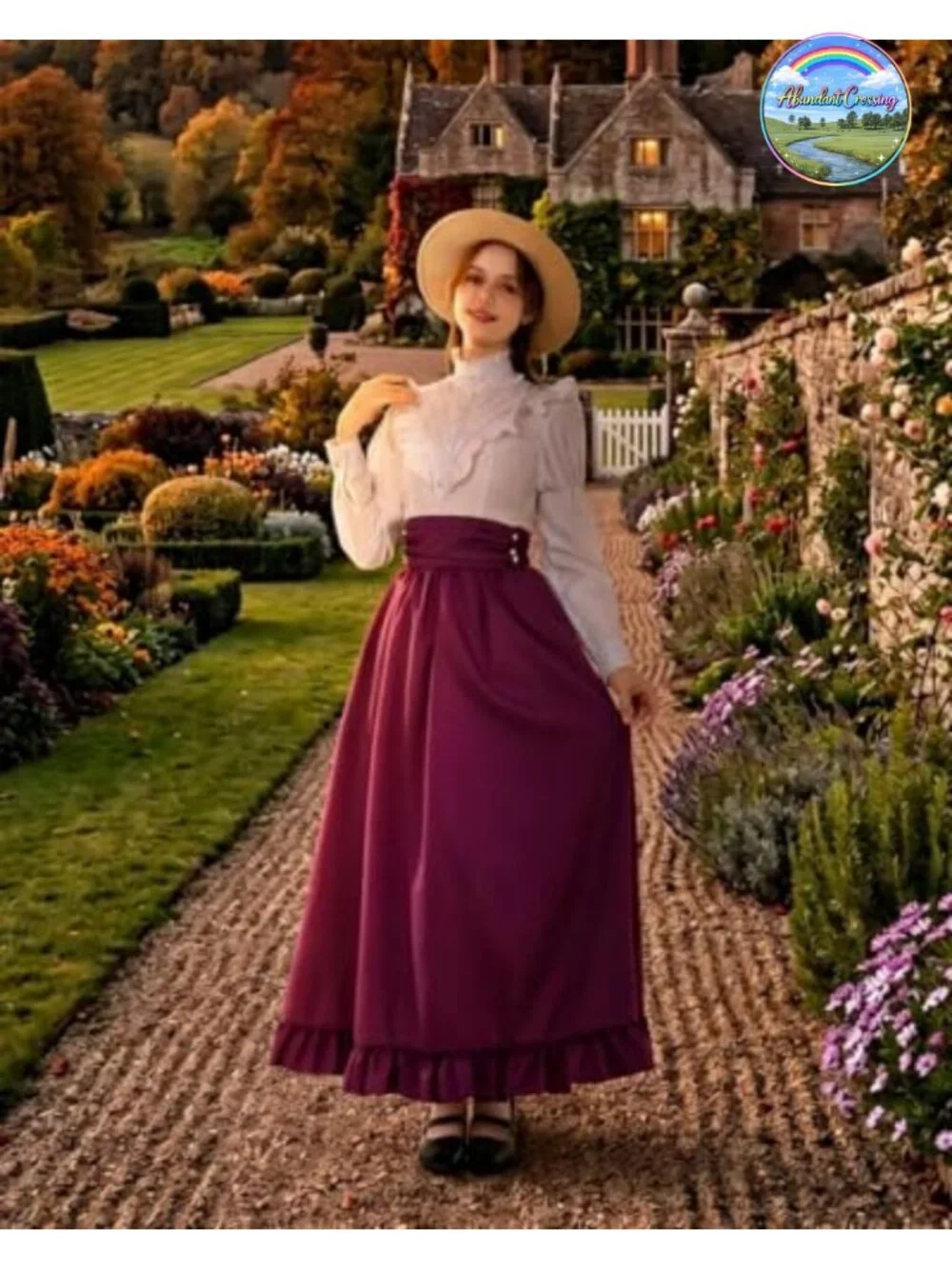 Victorian 2-Piece Dress Set Ruffled Blouse Skirt Belt Women Costume